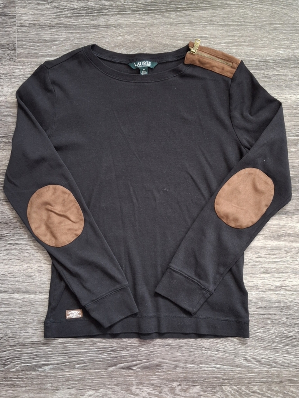 Ralph Lauren Black Crewneck Top with Green Brand Tag Brown Long Sleeve Zipper